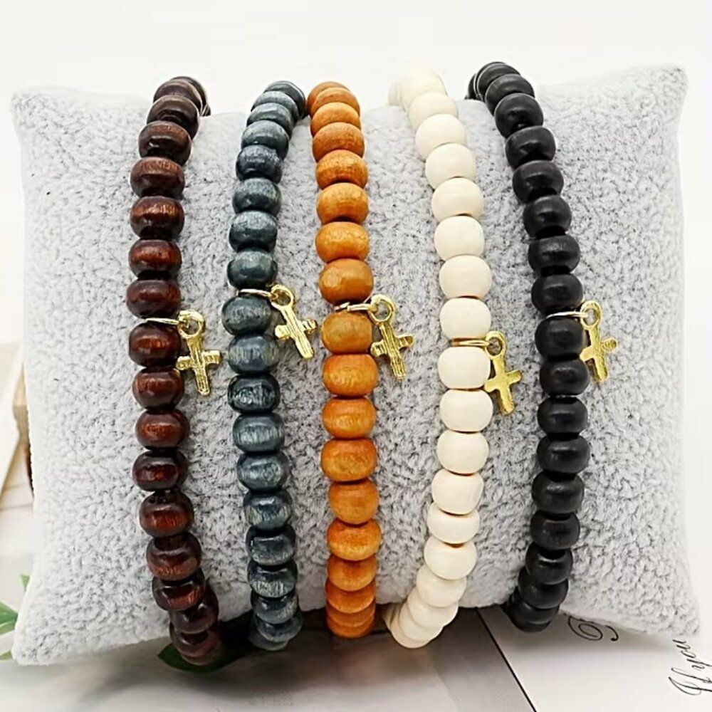 Bohemian Bracelet Cross, Natural Wood Beads, Painted Wood Beads Stackable Unisex